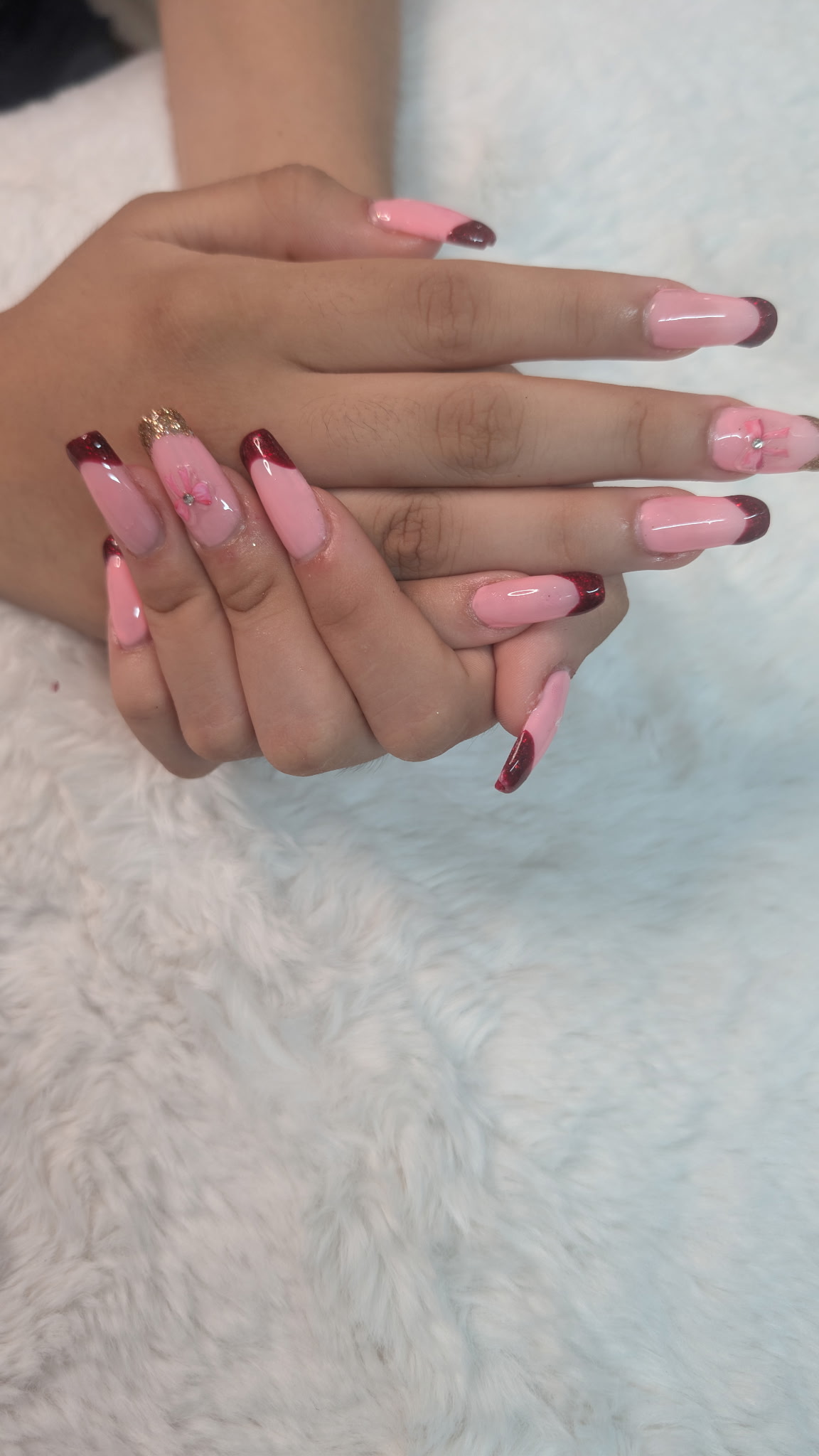 Pink and merlot French coffin gel nails with floral accent